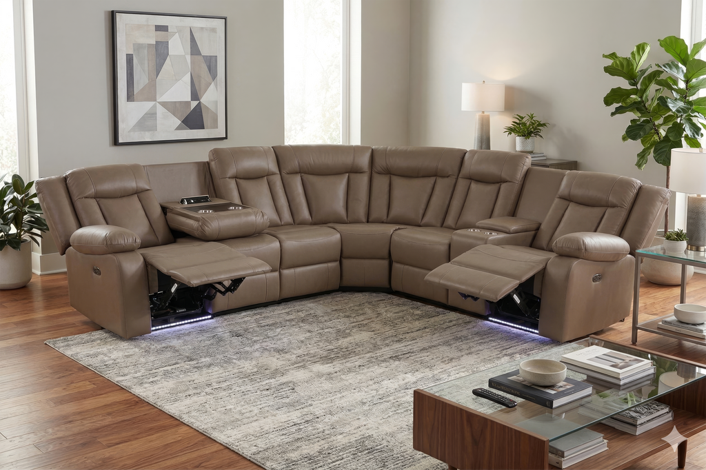 Light Brown 3-Piece Power Reclining Sectional with LED Lighting, Console & Speaker