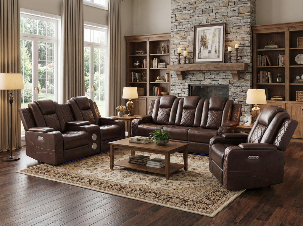 Brown 3 Piece Power Reclining Living Room Set w/ Power Headrests, LED, USB & Console Audio