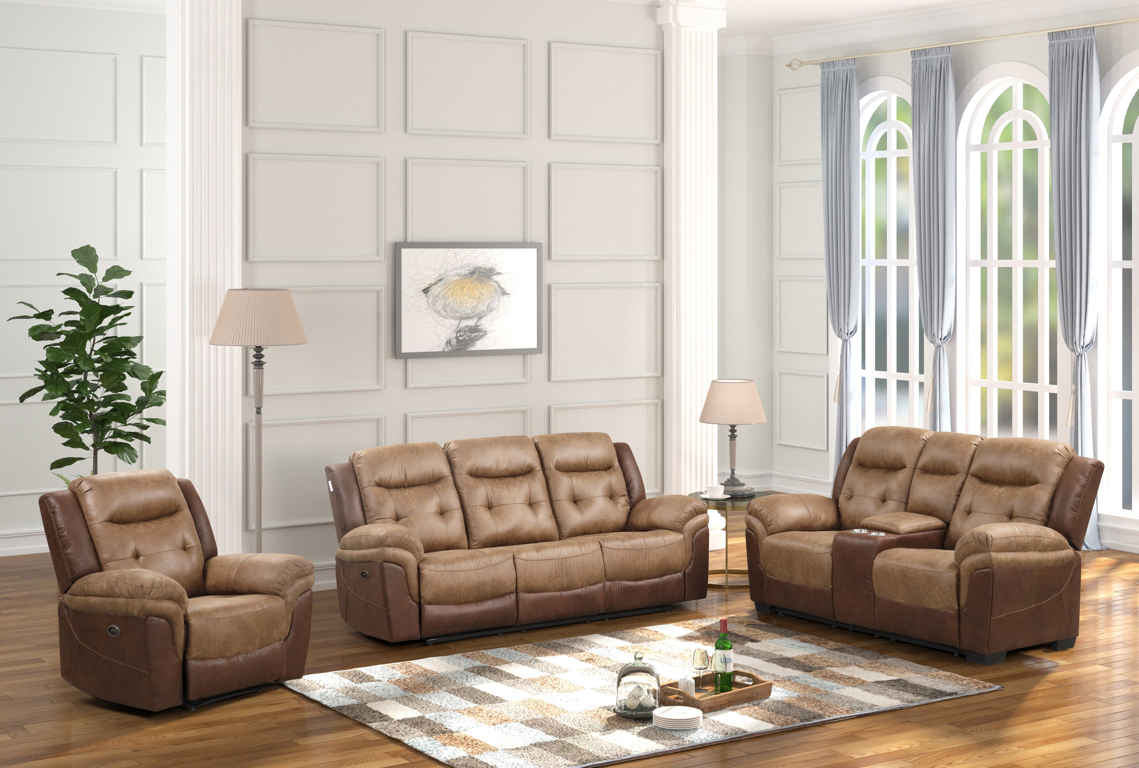 Two-Tone Brown 3-Piece Reclining Living Room Set with Console Loveseat