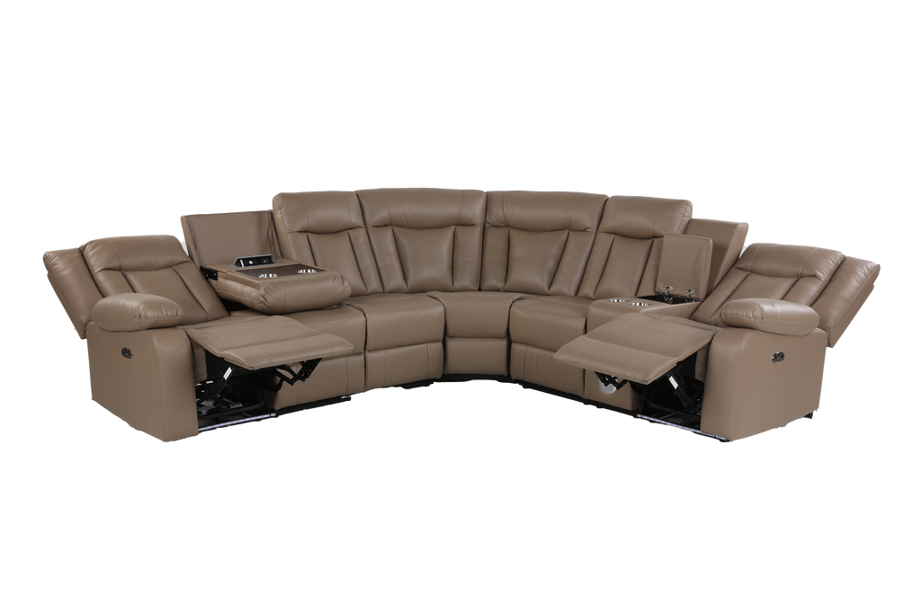 Light Brown 3-Piece Power Reclining Sectional with LED Lighting, Console & Speaker