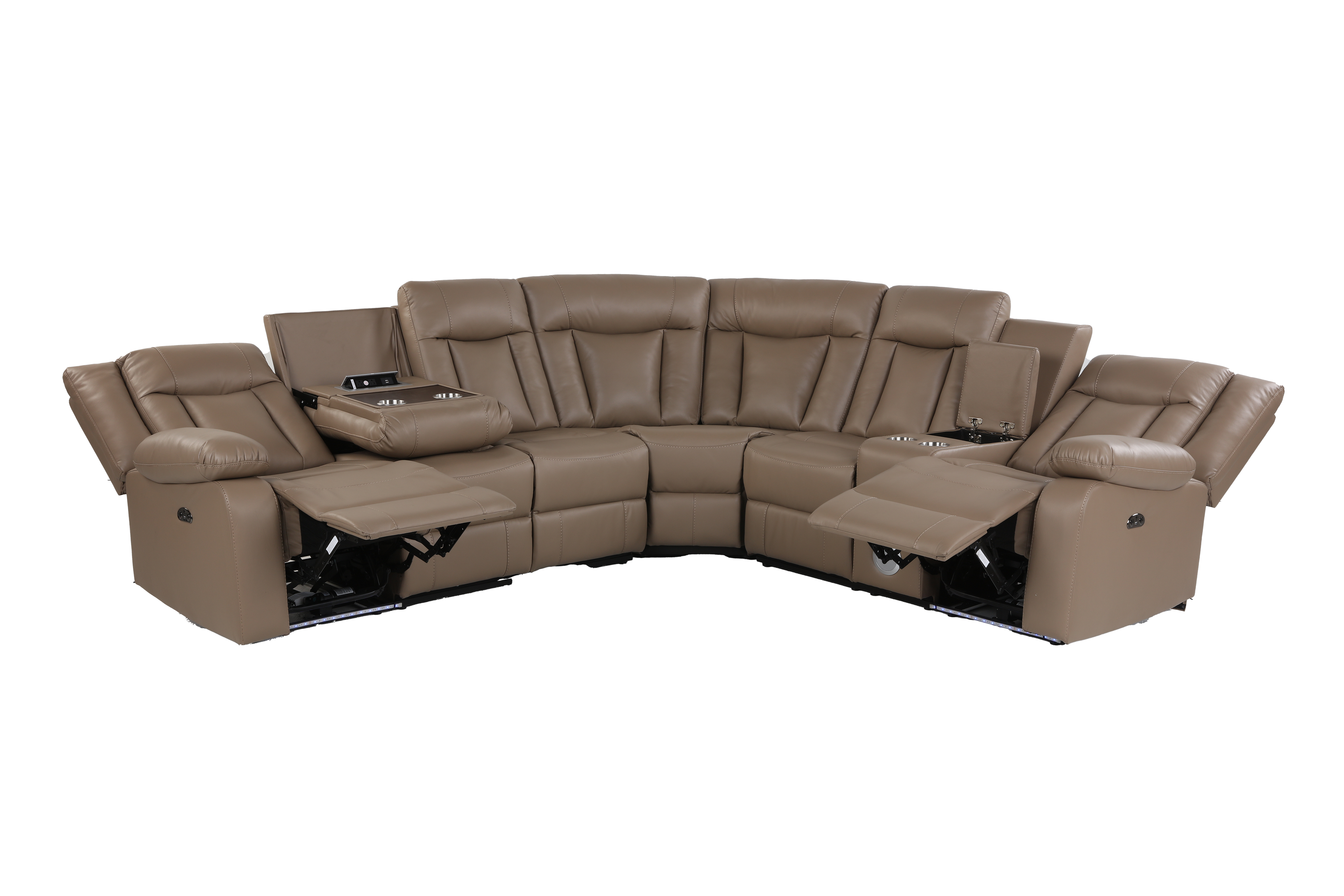 Light Brown 3-Piece Power Reclining Sectional with LED Lighting, Console & Speaker