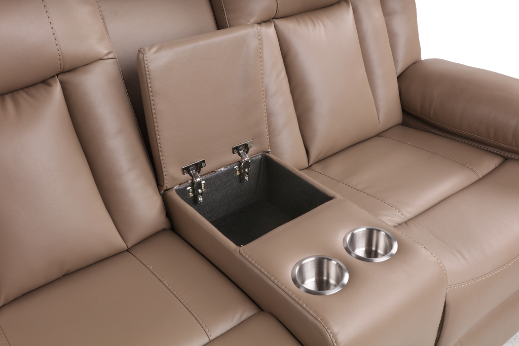 Light Brown 3-Piece Power Reclining Sectional with LED Lighting, Console & Speaker