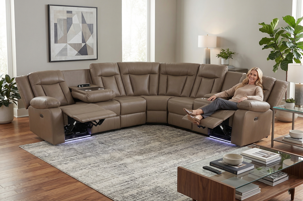 Light Brown 3-Piece Power Reclining Sectional with LED Lighting, Console & Speaker