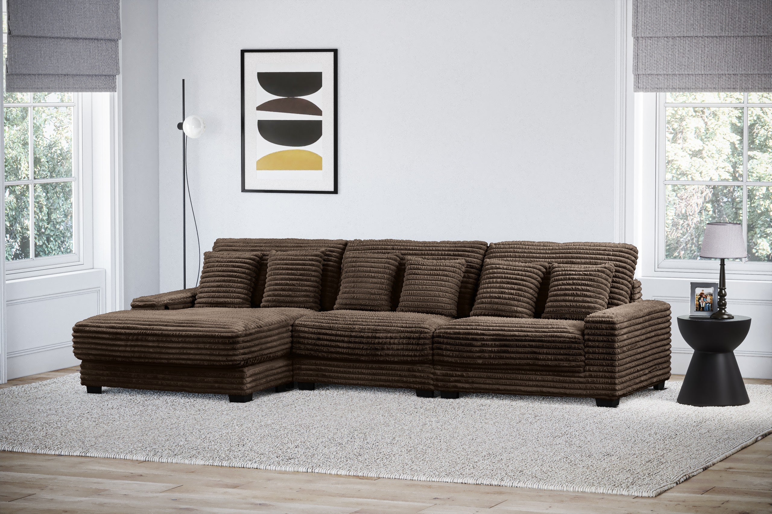 Brown Corduroy Sectional Sofa with Chaise Lounge & Pillows