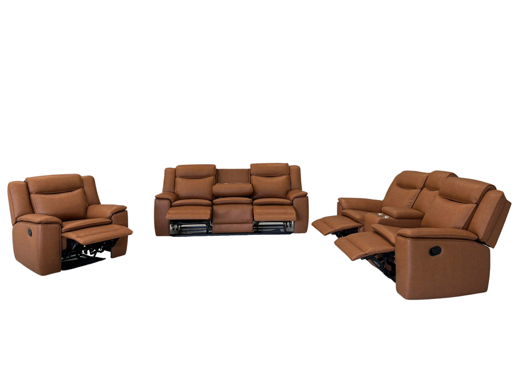 3 Piece Camel Manual Reclining Living Room Set with Console and Wireless Charging