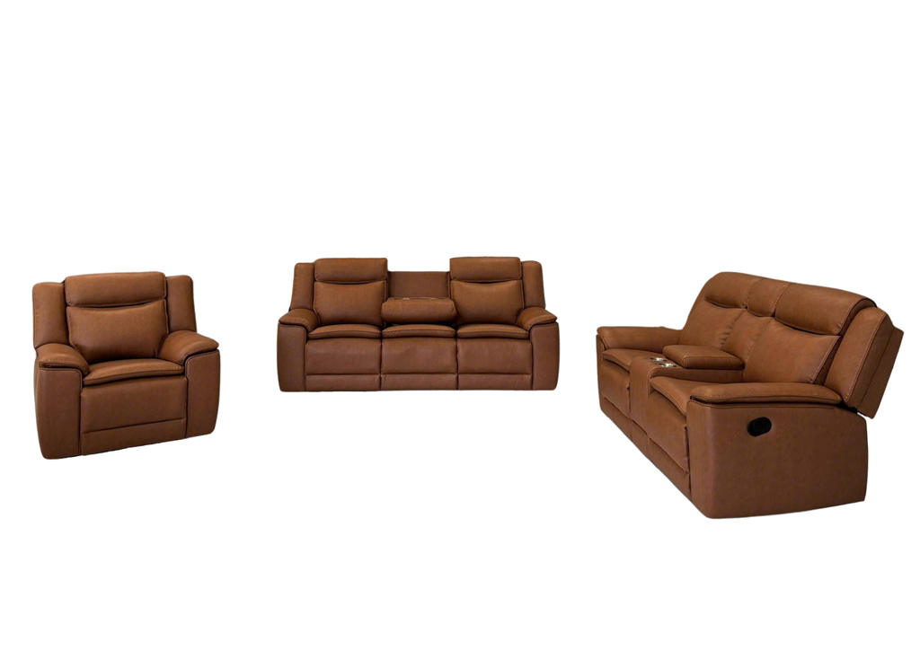 3 Piece Camel Manual Reclining Living Room Set with Console and Wireless Charging