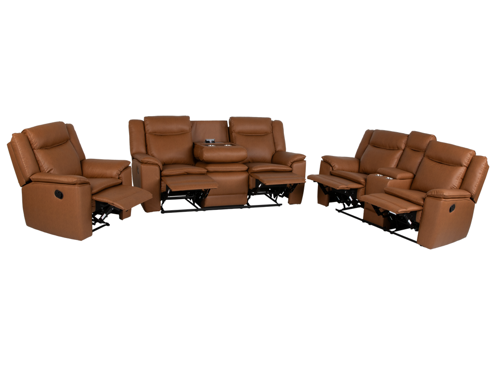 3 Piece Camel Manual Reclining Living Room Set with Console and Wireless Charging