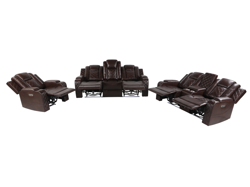 Brown 3 Piece Power Reclining Living Room Set w/ Power Headrests, LED, USB & Console Audio