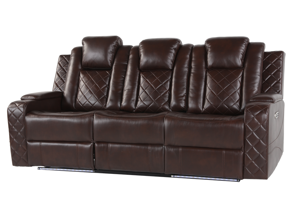 Brown 3 Piece Power Reclining Living Room Set w/ Power Headrests, LED, USB & Console Audio