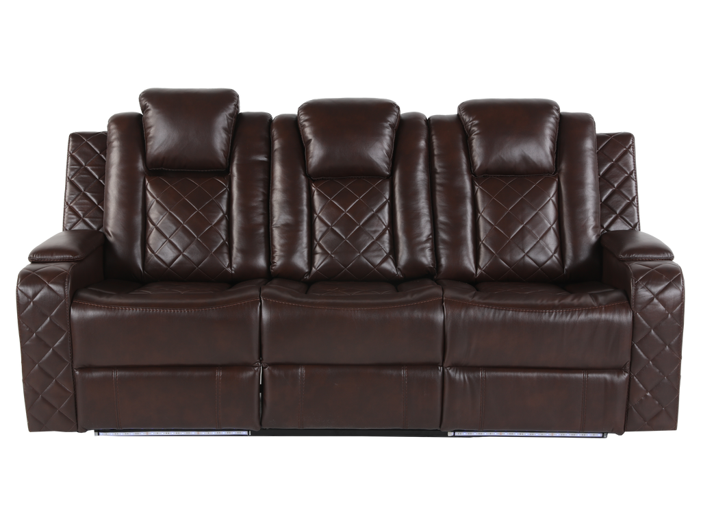 Brown 3 Piece Power Reclining Living Room Set w/ Power Headrests, LED, USB & Console Audio