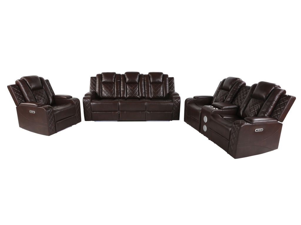 Brown 3 Piece Power Reclining Living Room Set w/ Power Headrests, LED, USB & Console Audio