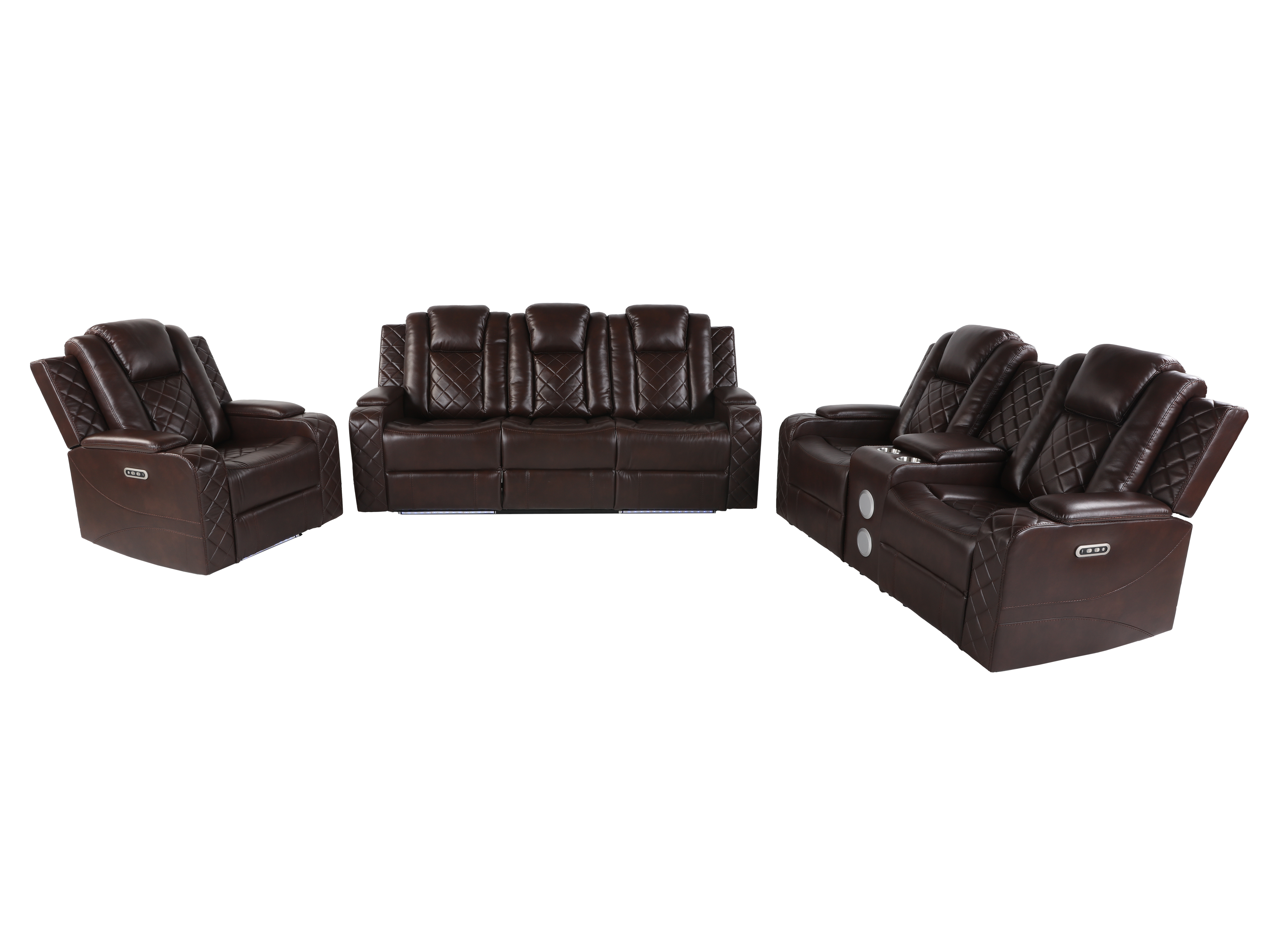 Brown 3 Piece Power Reclining Living Room Set w/ Power Headrests, LED, USB & Console Audio