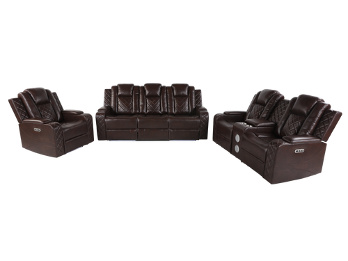Brown 3 Piece Power Reclining Living Room Set w/ Power Headrests, LED, USB & Console Audio