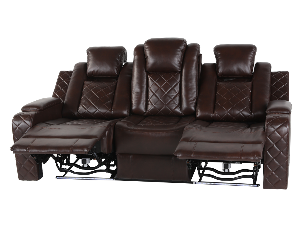 Brown 3 Piece Power Reclining Living Room Set w/ Power Headrests, LED, USB & Console Audio