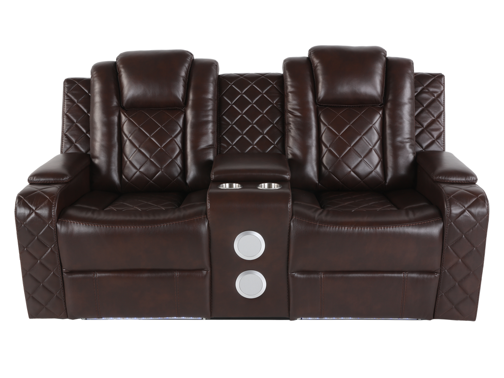 Brown 3 Piece Power Reclining Living Room Set w/ Power Headrests, LED, USB & Console Audio
