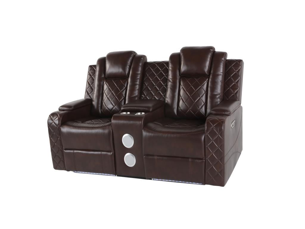Brown 3 Piece Power Reclining Living Room Set w/ Power Headrests, LED, USB & Console Audio