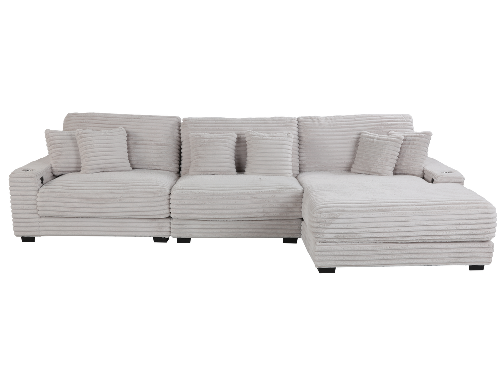 Beige Corduroy Sectional Sofa with Chaise Lounge & Pillows