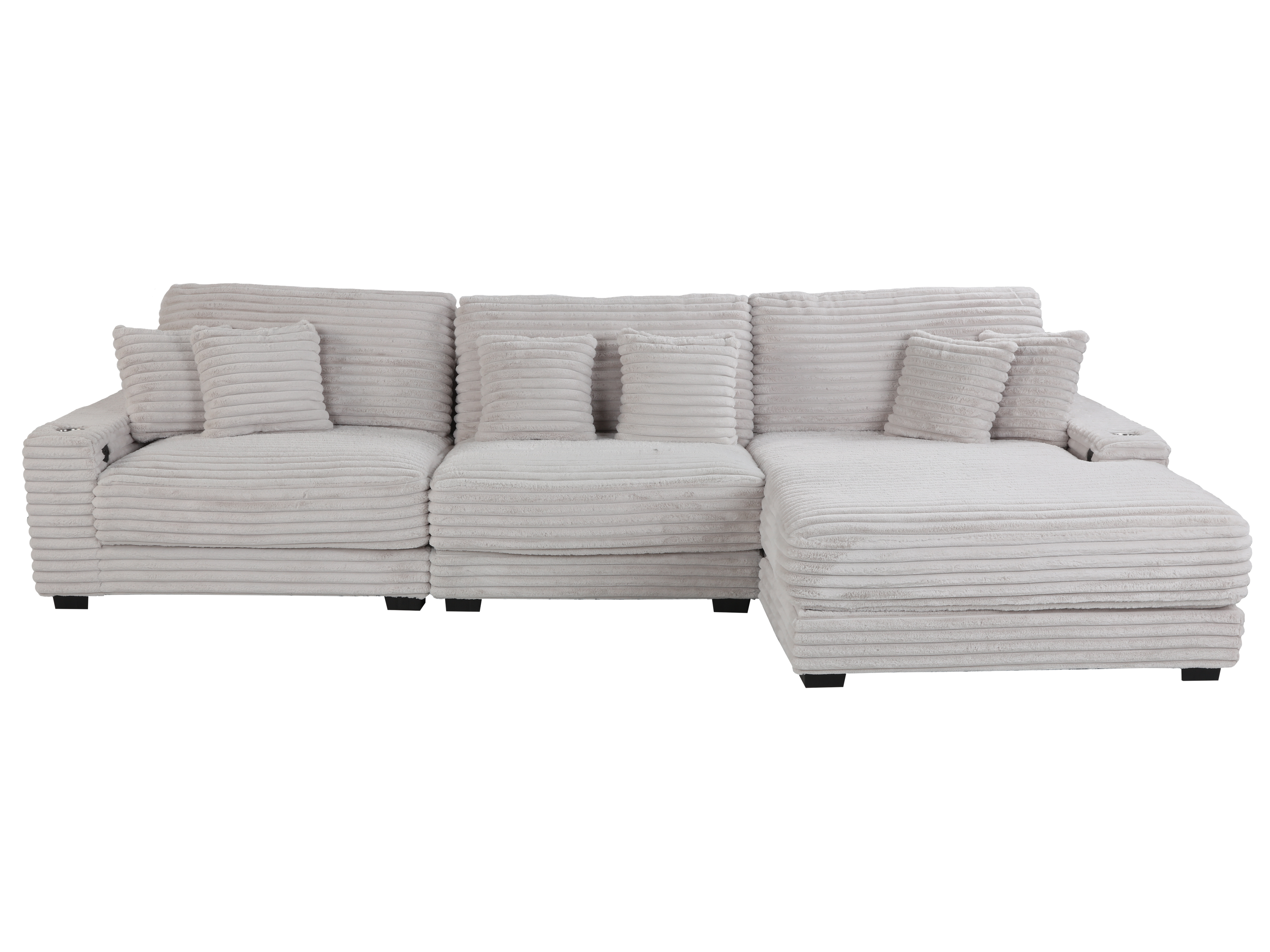 Beige Corduroy Sectional Sofa with Chaise Lounge & Pillows