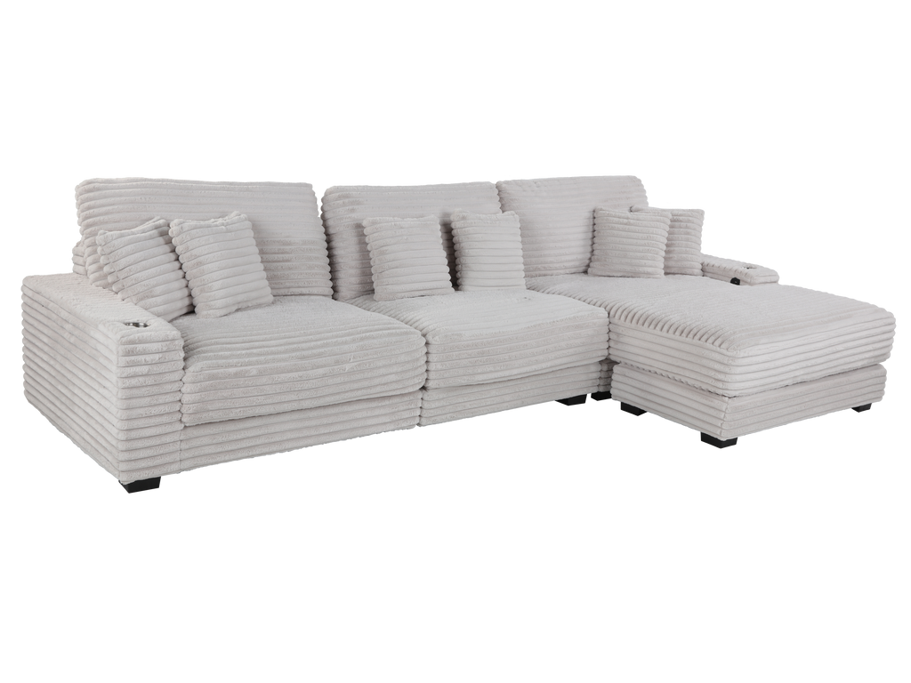 Beige Corduroy Sectional Sofa with Chaise Lounge & Pillows