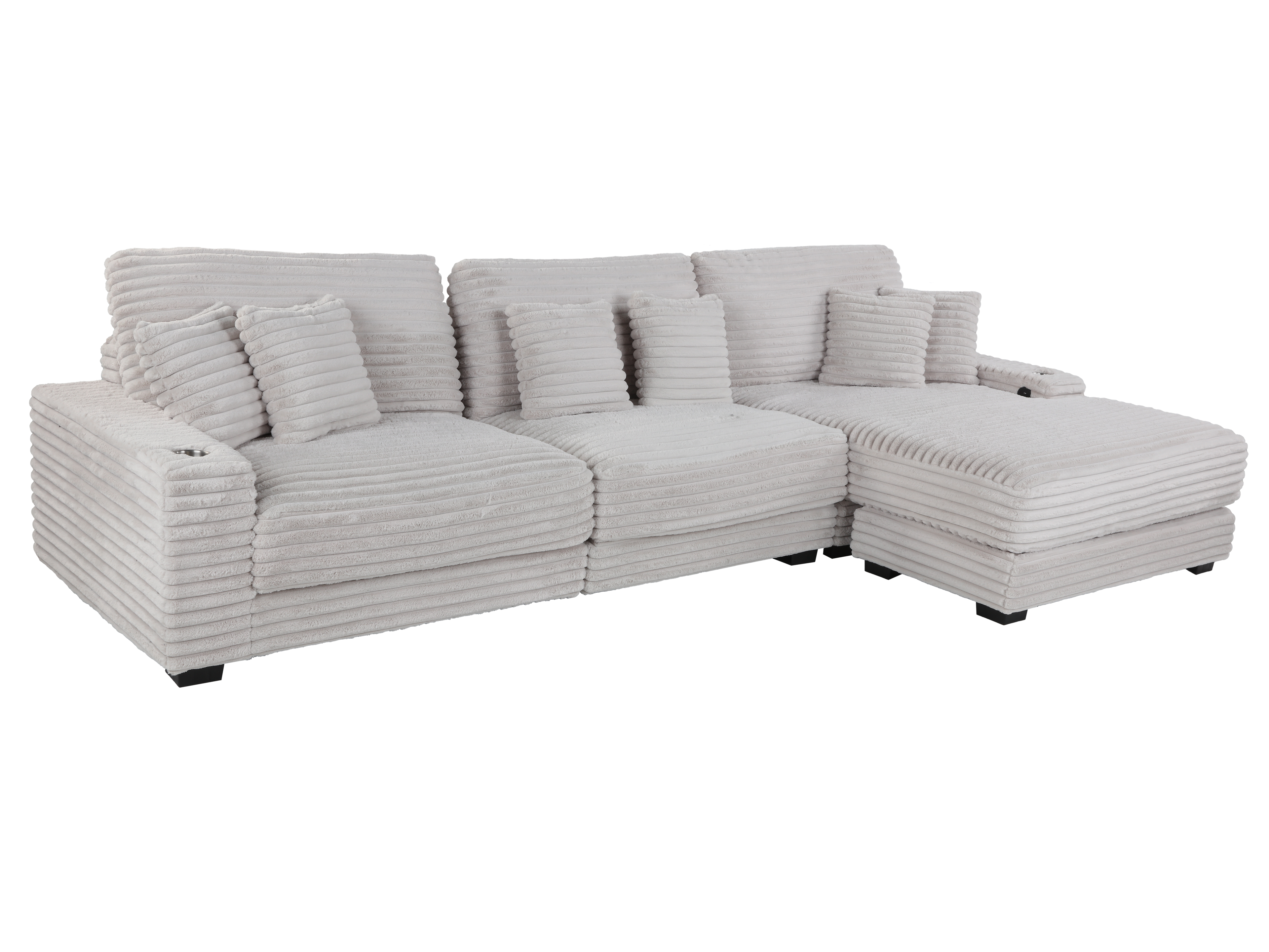 Beige Corduroy Sectional Sofa with Chaise Lounge & Pillows