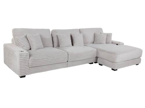 Beige Corduroy Sectional Sofa with Chaise Lounge & Pillows