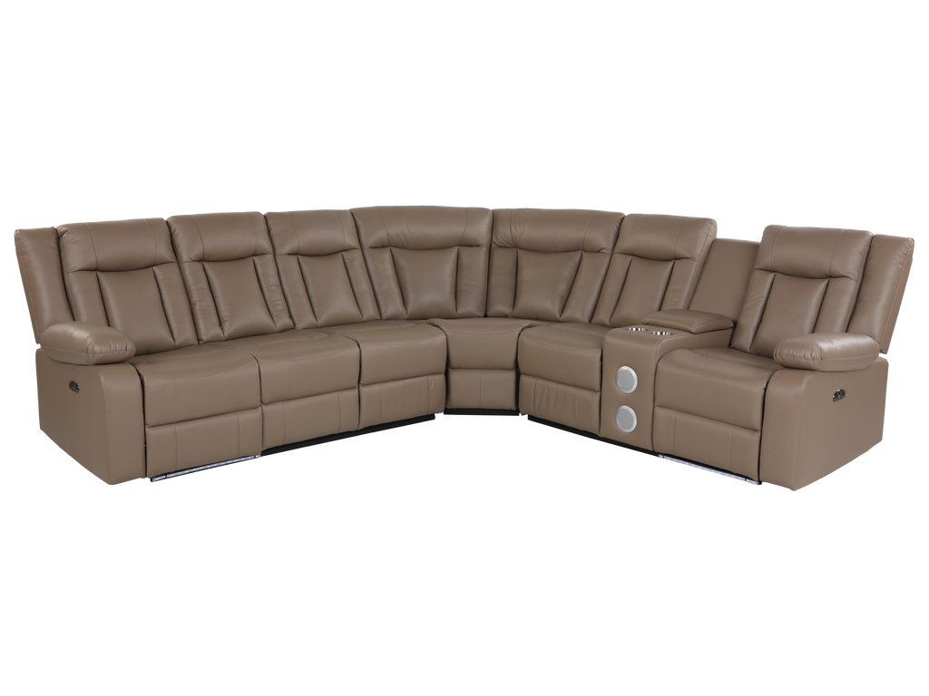 Light Brown 3-Piece Power Reclining Sectional with LED Lighting, Console & Speaker