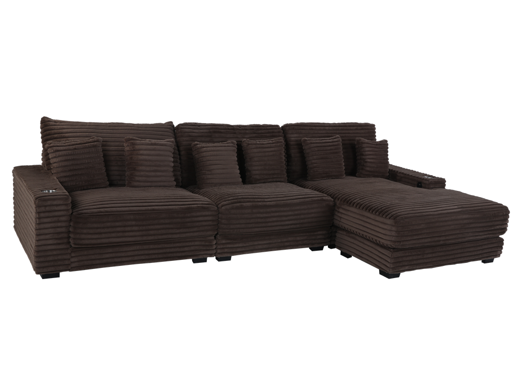 Brown Corduroy Sectional Sofa with Chaise Lounge & Pillows