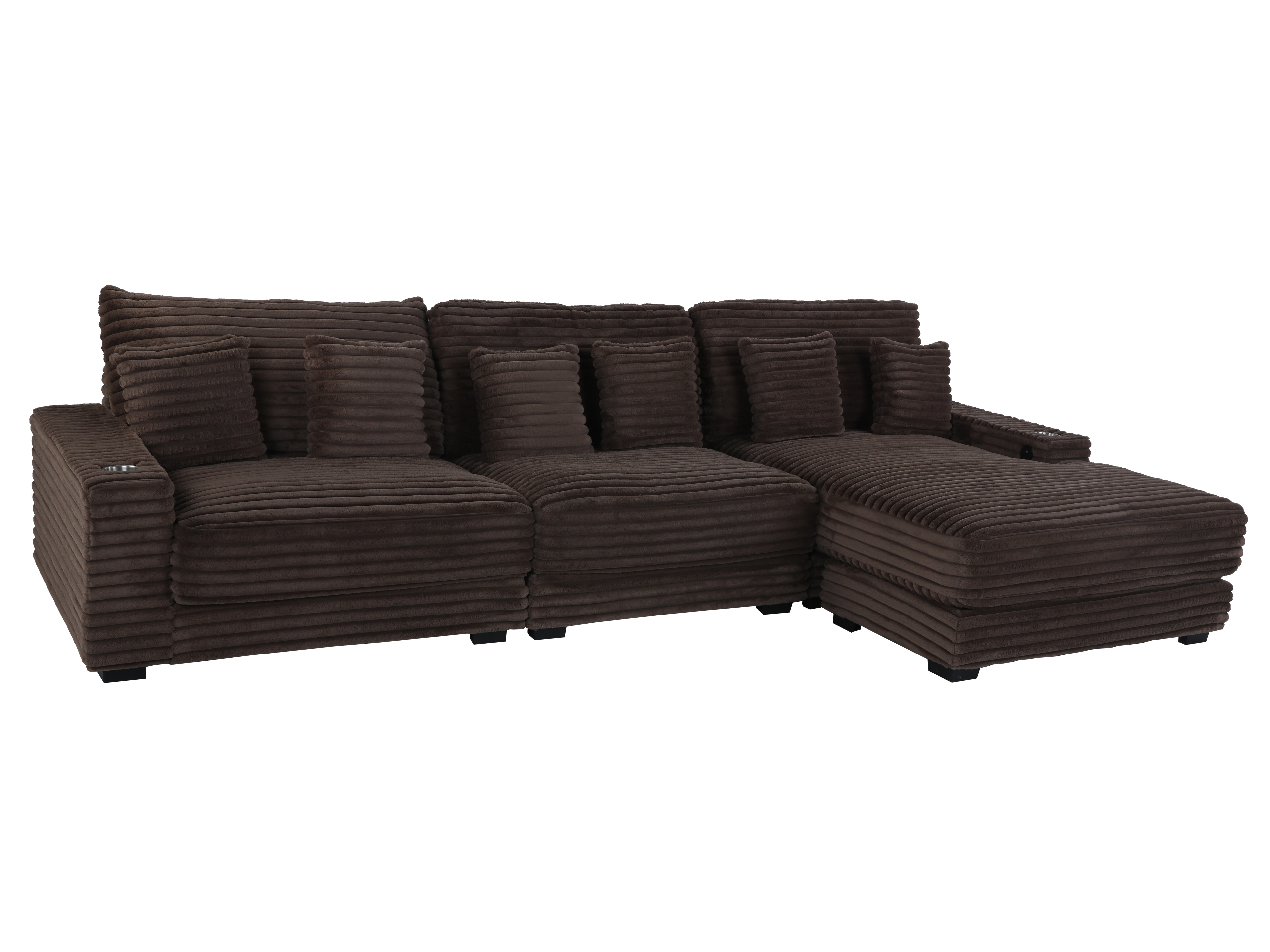 Brown Corduroy Sectional Sofa with Chaise Lounge & Pillows