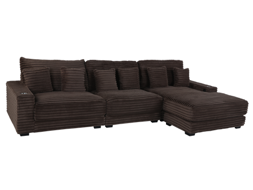 Brown Corduroy Sectional Sofa with Chaise Lounge & Pillows