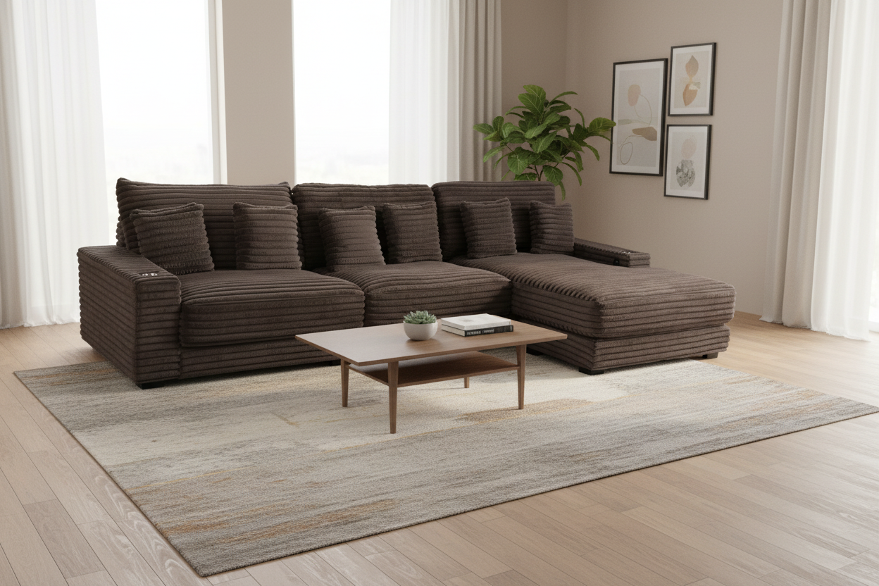 Brown Corduroy Sectional Sofa with Chaise Lounge & Pillows
