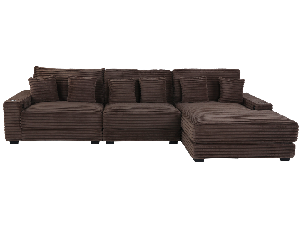 Brown Corduroy Sectional Sofa with Chaise Lounge & Pillows