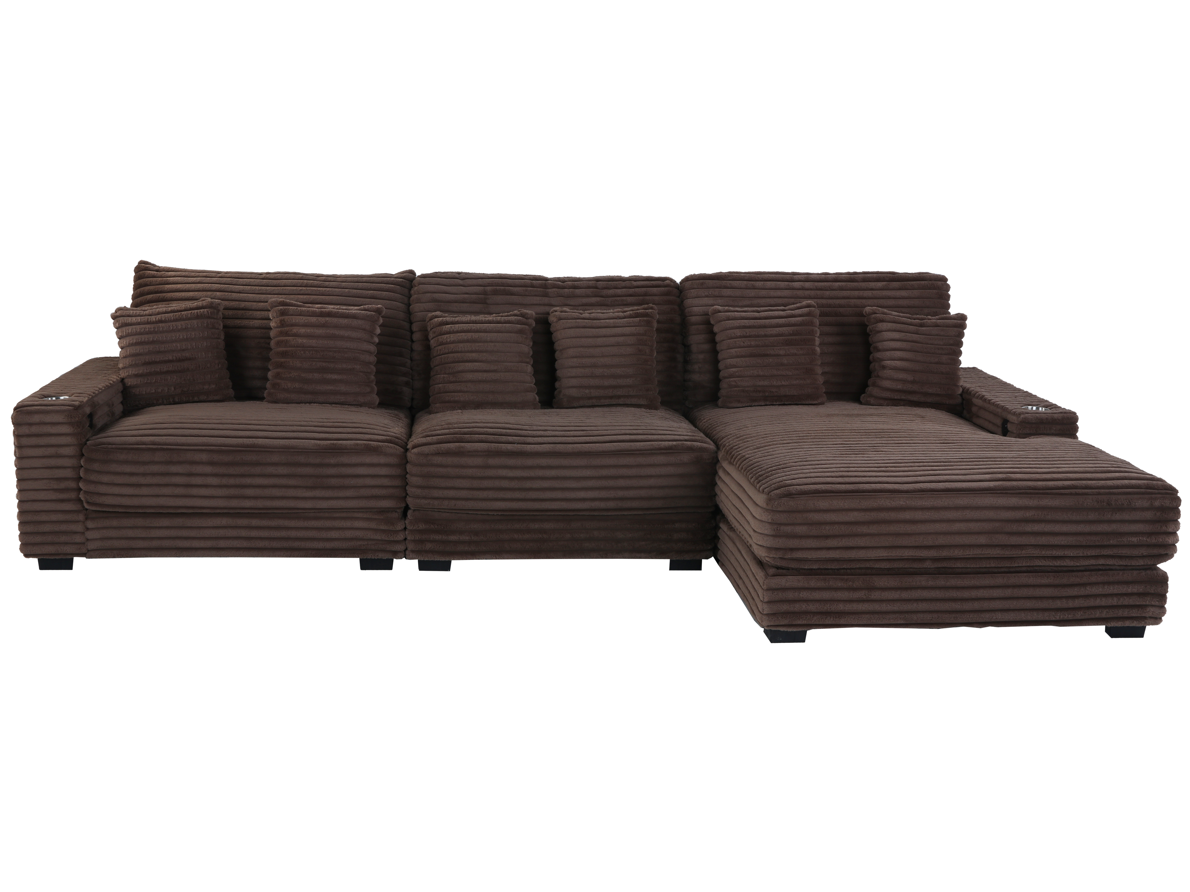 Brown Corduroy Sectional Sofa with Chaise Lounge & Pillows